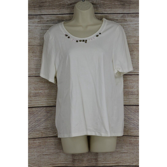 Tan Jay Womens Short Sleeve Solid Top Shirt Size Large White Bead Detail - Picture 1 of 6